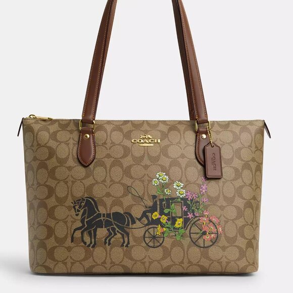 🌸 Gallery Tote Bag In Signature Canvas With Floral Horse And Carriage